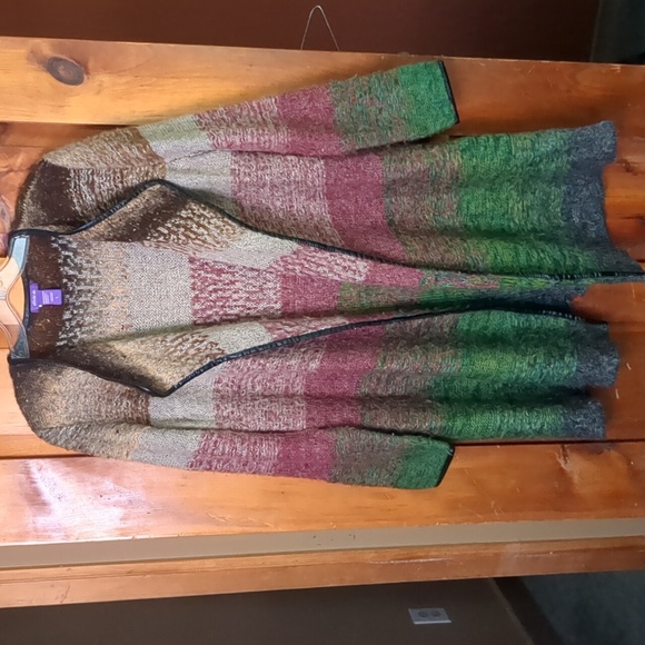 OLIVIA M* longline faux leather trimmed long sleeve duster sweater various color - Picture 5 of 12